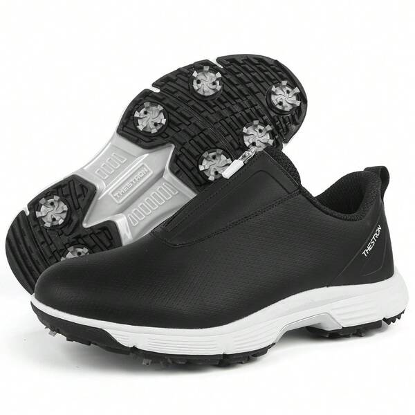 Men's Waterproof Lace-Up Golf Shoes With Spikes, Perforated Breathable Upper, Shock-Absorbing Cushioning Midsole, Detachable Cleats, Professional Tournament Outdoor Golf Course Daily Practice Training Sports Shoes