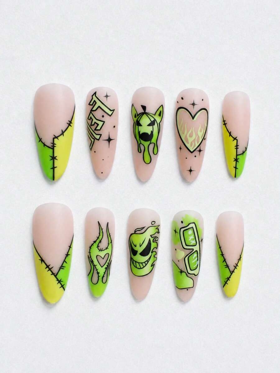 10pcs Y2K-Style Acrylic Press-On Nails Featuring Green Graffiti, Stitched Details, And Devil-Heart Motifs; Long Almond-Shaped Tips Suitable For Halloween Parties And Music Festival Performances. - Multicolor - View 1