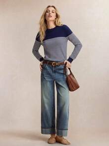 Navy Blue Patchwork Striped Crew Neck Knit Sweater, Minimalist Commuter Inner Layer, Segmented Color Block Design Adds Rich Layers, Fine Horizontal Stripe Texture Soft And To The Eye, Fitted Ribbed Hem Enhances Body Proportion - Navy Blue - View 4