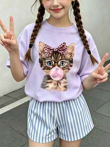 Tween Girl Casual Fun Graphic Print Crew Neck Short Sleeve Pullover T-Shirt Summer Top - Mauve Purple - View 1