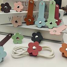 4pcs. Color Random Set Flower Shaped PU Leather Material Data Cable, Ear Line Storage Buckle - Flower, Random Color - View 6