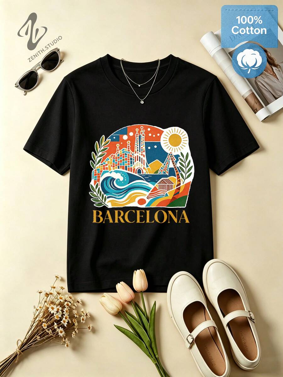 BARCELONA Vibrant Tropical Cotton Sagrada Familia Print Graphic T-Shirt For Summer Holiday - 黑色 - 查看 1
