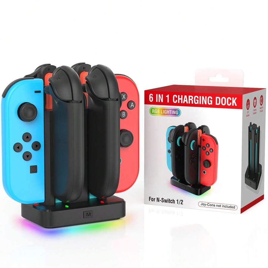 Switch NS 2 Joy-Con 6-In-1 Charging Stand, Magnetic Snap Design, 2.5H Fast Charge For 6 Controllers, 8 RGB Light Effects, Anti-Slip Pad, Multiple Power Options, ABS, Black,Great Gift For Christmas/Birthday - Black - View 1