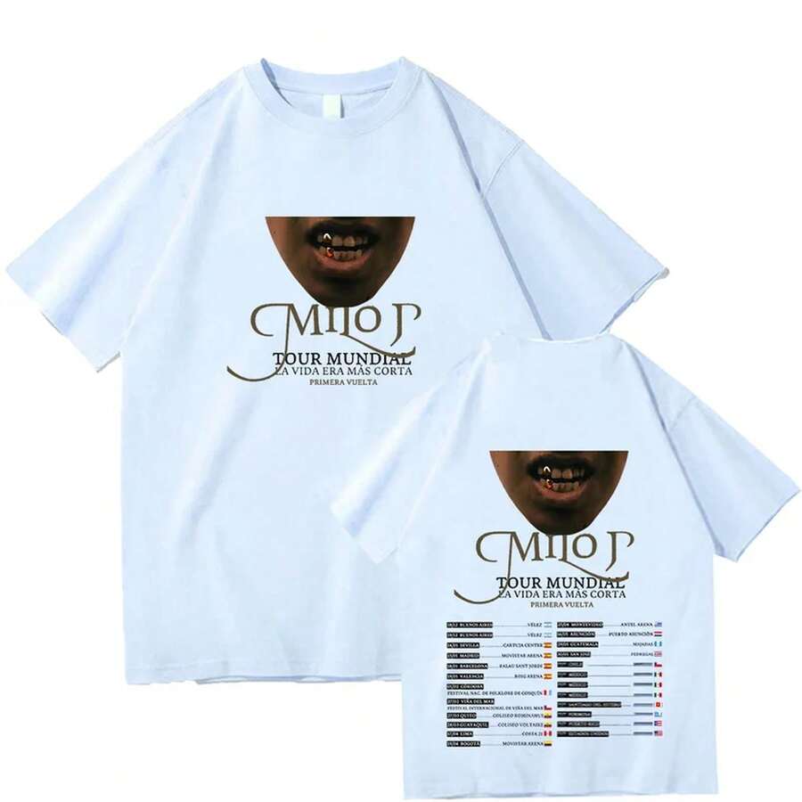 T-shirt Milo J World Tour Life Was Shorter, t-shirt graphique en coton à manches courtes, style hip-hop, coupe ample, unisexe - Blanc - Voir 1