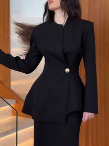 Women's Elegant Commute Long Sleeve Open Front Waist-Cinching Blazer (With Shoulder Pads) Solid Color Office Daily Autumn/Winter - Black - View 6