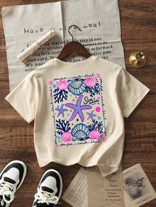 Girls Summer "Ocean Season" Starfish & Shell Print T-Shirt, Casual Round Neck Beach Style Short Sleeve Top - Apricot - View 3
