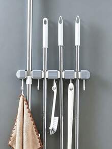 1PC No-Drill Strong Adhesive Mop Holder Rack, Wall-Mounted Mop Clip Holder With Traceless Sticker - Grey - View 4