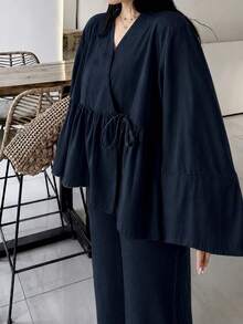 女款休閒寬鬆兩件套 V領長袖上衣與寬腿長褲時尚套裝 春夏節慶服飾 秋季 - 寶藍色 - 查看 4