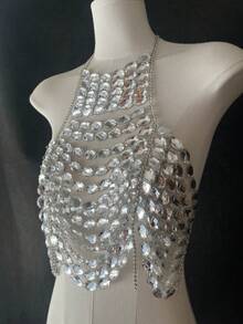 Sparkly Clear Crystal Halter Body Chain Top, Shiny Sequins Beaded Chest Harness Crop Top, Rave Festival Club Night Out Statement Body Jewelry For Women - Silver - View 6
