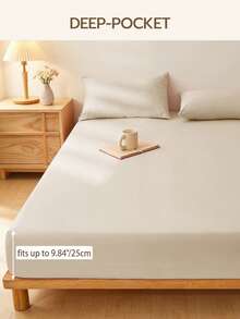 1pc Solid Color 25cm Deep Pocket Fitted Sheet, Soft Breathable Mattress Protector, Suitable For All Bed Sizes, Dorm Home Bedding Decor - Light Khaki - View 4