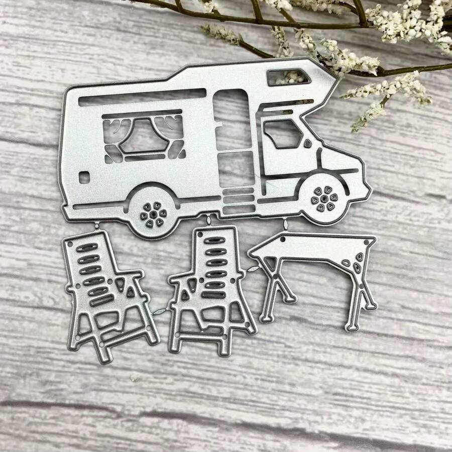 Vacation RV & Table Chair Metal Cutting Dies, Suitable For Scrapbooking - Durable Cutting Templates, DIY Scrapbook Photo Album Decoration Paper Cards, Card Making Supplies - Silver - View 1