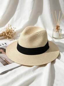 1 pieza Sombrero fedora de paja de papel tejido a mano, sombrero de sol transpirable ligero y plegable, ala ancha con protección UV y cinta negra, para mujer y hombre, playa y viajes - Multicolor - Ver 5