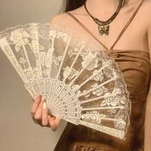 1pc White Floral Lace Folding Fan, Vintage Hand Fan, Suitable For Wedding Party, Dance Performance And Photo Props - Multicolor - View 4