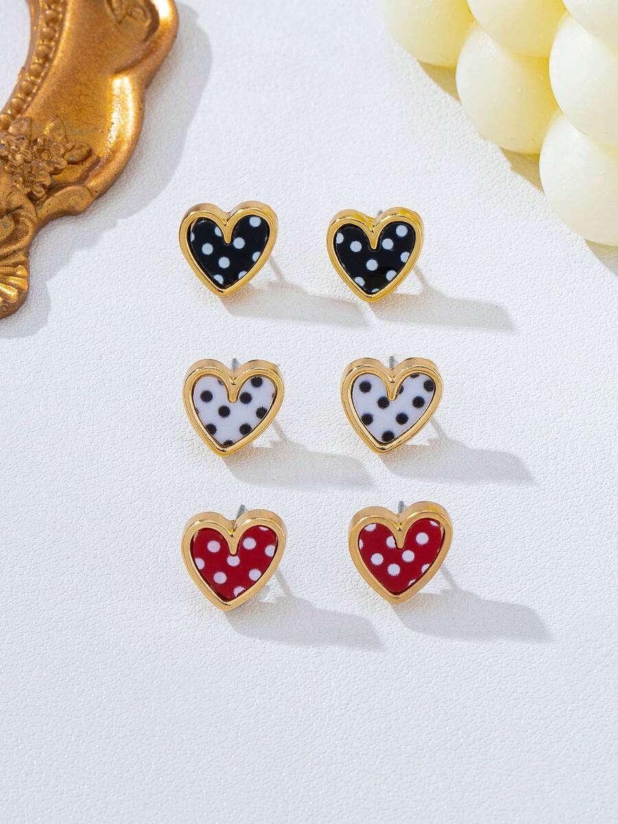 3 Pairs/1 Pair Fashion Black, White, Red Polka Dot Pattern Zinc Alloy And Acrylic Heart-Shaped Stud Earrings For Women, Suitable For Daily Wear - Multicolor - View 1