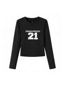 Early Autumn Black Slim Fit Flattering Y2K Long Sleeve T-Shirt For Women, Minimalist Letter Print Design Unique Top - Black - View 6