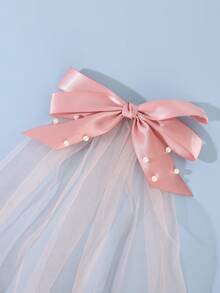2/1pc Women's Handmade Beaded Pink Satin Ribbon Bow Mesh Veil Alligator Hair Clip, Minimalist Romantic Style, Suitable For High School Graduation Ceremony, Campus Prom, Wedding Party And Back To School Outfit - Multicolor - View 4