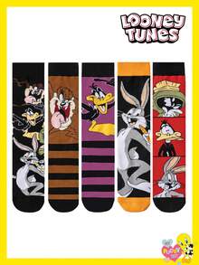 5 Pairs Unisex Socks Warner Bros. Co-Branded Bugs Bunny & Tweety Cartoon Animal Striped Mid-Calf Socks, Suitable For Halloween And Other Holidays, Autumn/Winter - View 3