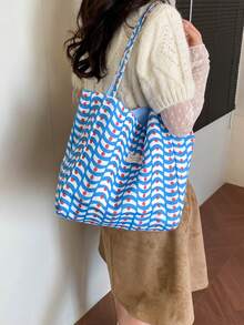 Women 2 Sides Reversible Shopping Tote Bag Big Capacity Letter Graphic Wave Polka Dot Print Portable Daily Shoulder Bag - Baby Blue - View 7
