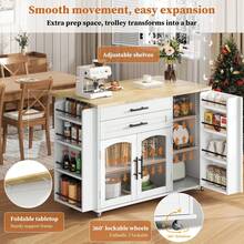 Flieks Mobile Kitchen Island With Foldable Worktop, Kitchen Trolley, 5 Wheels, Multiple Storage Racks, Spice Rack, Cutlery Storage Drawer, 120 X 45 (70) X 90 Cm - White - View 5