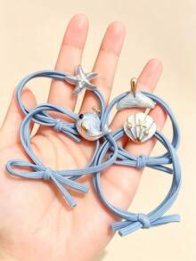 4pcs Cute Ocean Whale Starfish Shell Girls Hair Ties, Sweet Blue Elastic Hairbands Gift - Multicolor - View 2