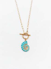 1pc 18K Gold Plated Bohemian Ocean Style Stainless Steel Enamel Conch Shell Pendant Necklace With Lobster Clasp - Multicolor - View 7