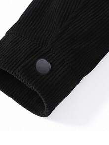 Men's Letter Patched Button Front Corduroy Jacket, Solid Color Collared Jacket With Pockets, Versatile Handsome Casual Sports Jacket Black - Black - View 4