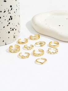 10 piezas Anillos para los dedos de los pies con diseños creativos de letras, corazones y hojas, anillos apilables de múltiples elementos con enredadera de corazones para mujeres - Dorado - Ver 2