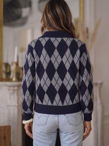 Atasan Rajut Kancing Tunggal Motif Argyle Jacquard Vintage Ukuran Plus - Navy Blue - View 5