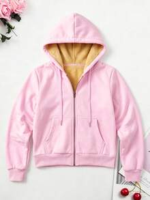 Women's Warm Lined Hooded Zip-Up Sweatshirt, Outdoor Casual Winter Sweatshirt, Versatile For Multiple Occasions - Pink - View 5