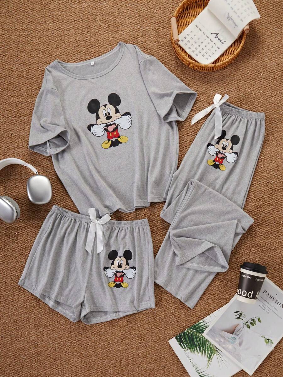 Disney Women's Cartoon Print Short Sleeve Top, Long Pants And Shorts Casual Daily Home Sleepwear Set - Multicolor - View 1