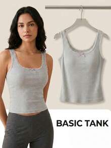 Women's Sweet Style Lace Trim Bow Fixed Cup Tank Top, New Ribbed Slim Fit Versatile Sleeveless Camisole, Suitable For Layering - Grey - View 1