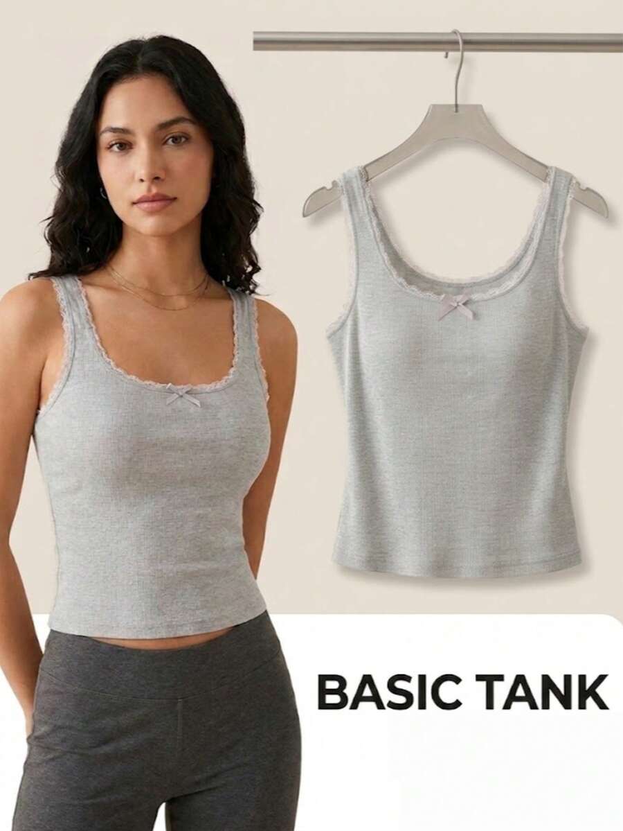Women's Sweet Style Lace Trim Bow Fixed Cup Tank Top, New Ribbed Slim Fit Versatile Sleeveless Camisole, Suitable For Layering - Grey - View 1