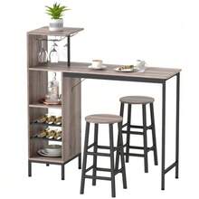 3-Piece Bar Set With Storage, Wine Shelves, Glass Rack, Stools With Footrests, For Small Spaces, Gray - 灰色 - 查看 8