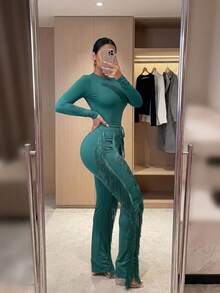 CALEBGAR Women's 2 Piece Lounge Set Long Sleeve Fringe Top & Athletic Pants Fall Winter Casual Dance Outfit - 綠色 - 查看 4