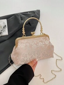 Dedoo 女款晚宴手拿包，柔軟弧形框架手提包，東方優雅風格，適合婚禮、茶會、新娘場合（隨機花紋） - 粉色 - 查看 3