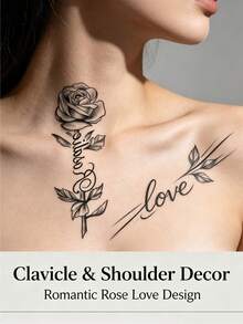 1pc Realistic Rose Dotwork English Tattoo Sticker, Shaded Rose + Handwritten Cursive Font Tattoo Sticker With Minimalist "Love" Short Phrase, Suitable For Camisole Outfit, Date, Portrait, Wear-Resistant Decorative Sticker - Multicolor - View 3