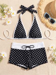 Sommer Mode Damen Polka Dot Neckholder Dreieck Bikini Top mit Hipster Badehose für Strandurlaub Party - Verschiedenfarbig - Übersicht 2