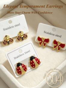 6/3pcs Gold Women's Earring Set, Fashion Party, Travel Vacation, Engagement Gift, Suitable For Various Occasions, High-Quality Stainless Steel Earrings, Including Butterfly, Bee, Ladybug Shaped Studs, Multiple Styles, Low-Allergenic Earring Set, Cute Versatile Elegant Style, Best Gift Choice For Female Friends On Holidays - Oil Dripping Kit - View 3