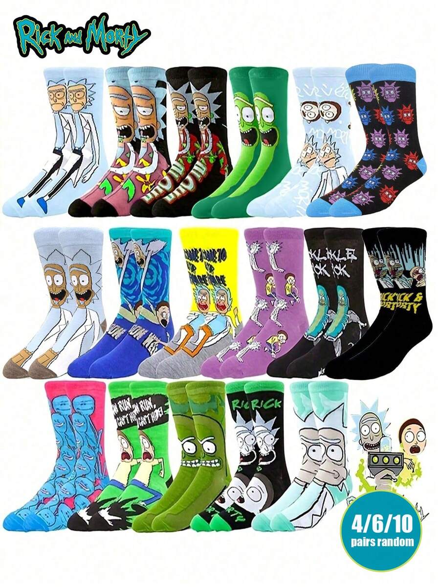 4/6/10 Pairs Random Women's Socks Warner Bros. Rick And Morty Series Cute Funny Humorous European And American Style Cartoon Character Sweat-Absorbent Breathable Versatile Couple Mid-Calf Socks Suitable For Movie And Animation Fans - Multicolor - View 1