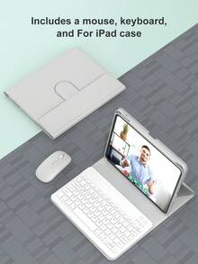 平板電腦旋轉鍵盤保護殼，相容 iPad + 滑鼠，PU 皮革材質，相容 A16 11 吋 11 代 2025、10 代 2022，適用 iPad 7代/8代/9代、Air 4/5/6/7/8、iPad Pro 11，含配件，便攜式無線鍵盤 (150mAh)，附筆槽，支援 360 度旋轉，灰色 - Gray Rotating Keyboard+case+mouse set - 查看 3