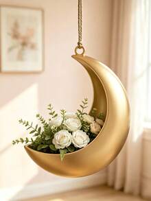 1/2pcs 3D Printed Luxury Metallic Gold Crescent Moon Hanging Planter, Hemp Rope Suspended Air Planter, Suitable For Succulents, Baby's Breath, Hydrangea Artificial Flowers, Bedroom Balcony Wall Star Moon Style Soft Decoration Flower Pot - Crescent Moon - View 6