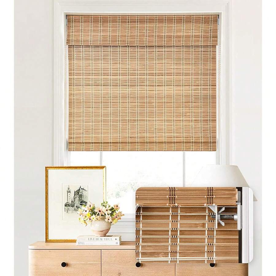 No Tools No Drill Cordless Bamboo Roman Shades, Light Filtering Window Treatment, Roll Up Bamboo Blinds For Windows 31'' W X 64'' H, Brown Variant 1 - Light Filtering-brown206 - View 1
