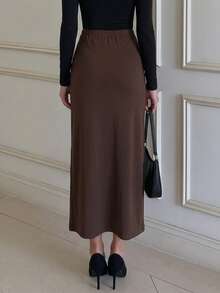 Women's Metal Buckle Pleated Elegant Midi Skirt For Office And Commute - Brown - View 7