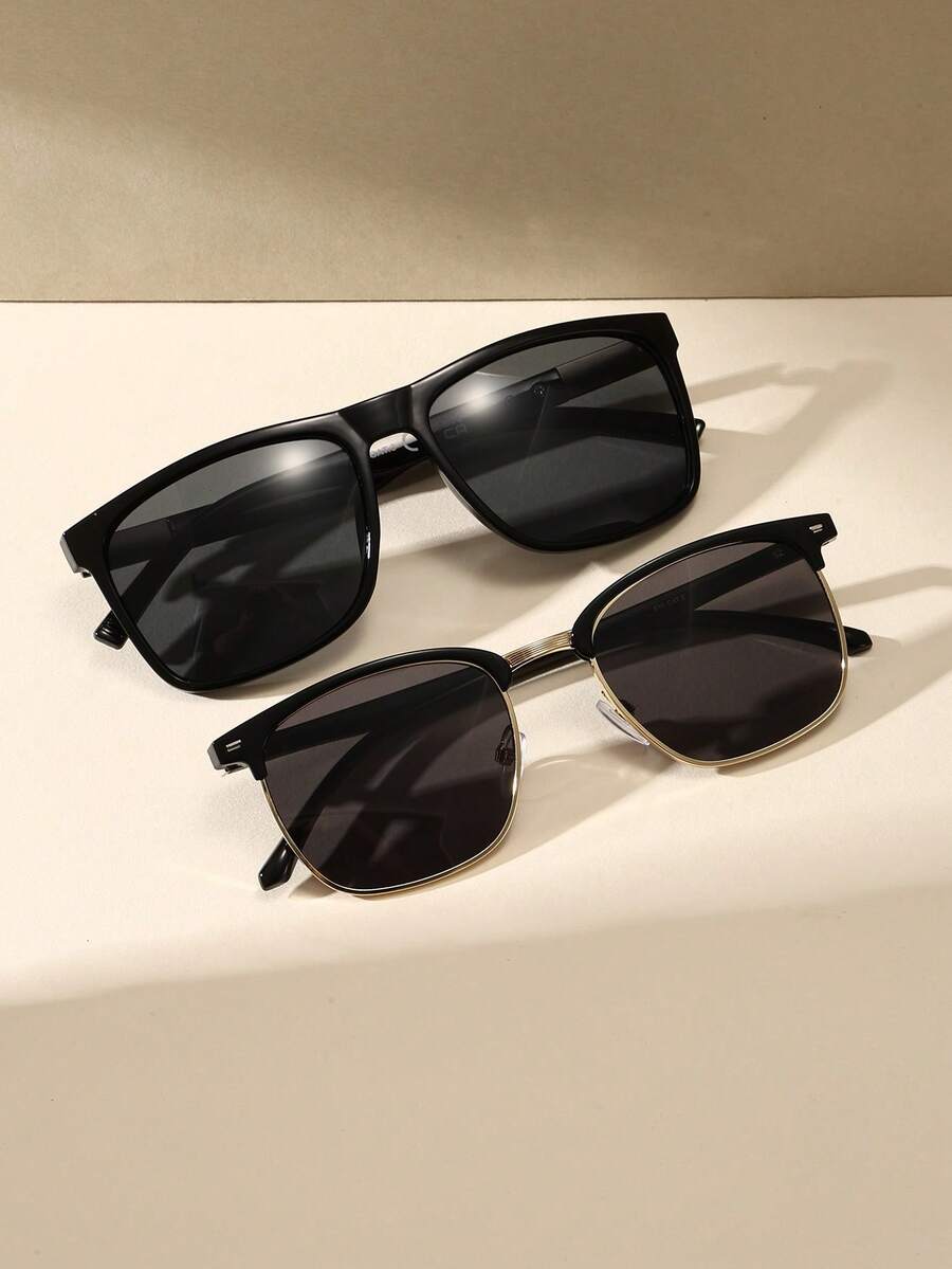 2PCS Unisex Vintage Rectangular Plastic Fashion Sunglasses Classic Style Decorative Outdoor Travel Beach Vacation Casual Daily Wear Sun Protection Driving UV Protection Glasses - Black - View 1