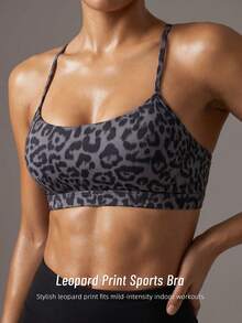 Soyun New Leopard Print Detachable Padded Camisole Bra Top, Fishbone Back Design Open Back Sports Style Summer - Grey - View 6