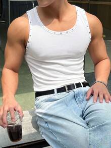 WAIT HIM Men's Sleeveless Ribbed Tank Top, Metal Rivet Decor On Neckline And Armholes, Classic Crew Neck, Casual Summer Essential - White - View 4