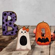 Cute Halloween BOO Wooden Desktop Decor, Polka Dot Ghost & Bat Pumpkin Sign, Spooky Style Multi-Layer Tray Ornament, Autumn Halloween Home Decoration, Suitable For Party Lovers - A - View 2