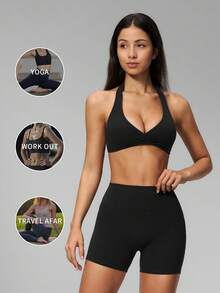 MFVIM Women's 2-Piece Yoga Set, V-Neck Halter Back/High Waist Butt-Lifting Shorts With Padded Cups - Premium Black - View 5