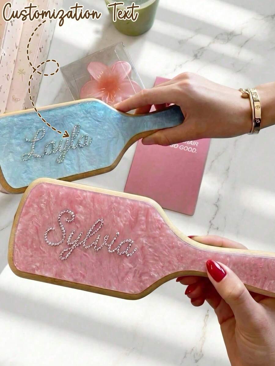 1pc Personalized Rhinestone Acrylic Marble Patterned Hair Comb, Customized Name Engraved Elegant Comb, Unique Bridesmaid Gift, Gift For Her/Mom, Birthday Gift, Aesthetic, Mother's Day Gift - Multicolor - View 1