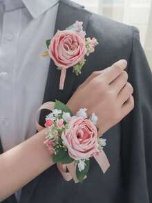 1pc/2pcs/6pcs Pink Rose With Baby's Breath Men's Boutonniere And Women's Wrist Corsage, Suitable For Wedding Decoration, Party, Dinner, Ball, Travel, Anniversary - Pink - View 14